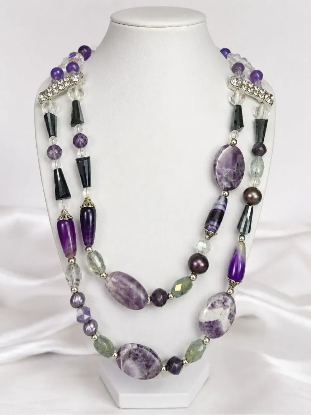 Handcrafted Artisan Layered Amethyst & Gemstone Multi-Strand Statement Necklace